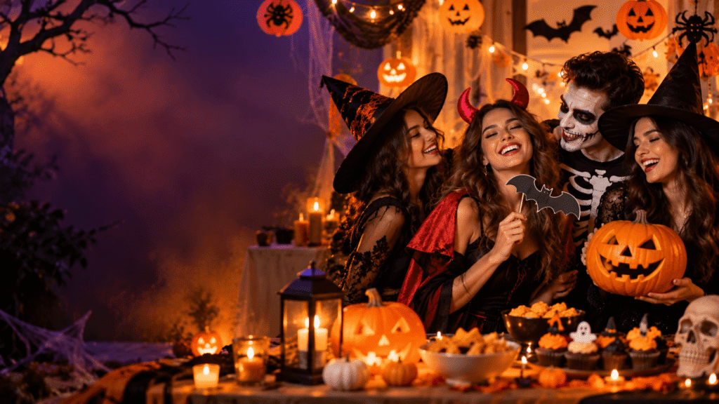 Halloween party captions for Instagram featuring spooky celebrations, creative costumes, party vibes, and memorable festive moments